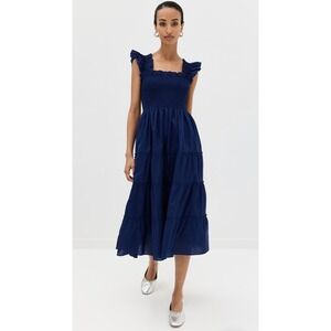 Hill House Home The Ellie Nap Dress Navy Blue Smocked Tiered Midi Large